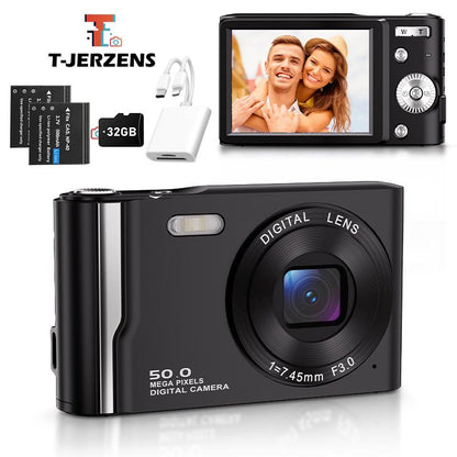T-JERZENS 4K Digital Camera Autofocus 50MP Vlogging Camera with 32GBSD Card 16X Digital Zoom Compact Camera, 2.8-Inch Screen, Fill-In Light, Anti-Shake