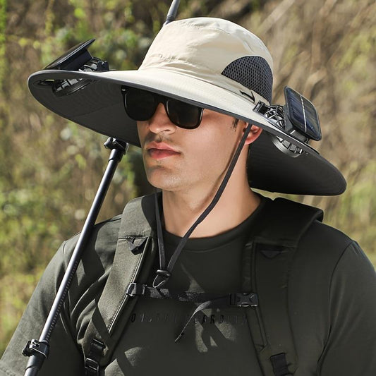 Solar Powered Outdoor Fishing Hat with Double Fans-Breathable Textile Material,Usb Charging,Sunscreen,Woven Fabric-Ldeal for Summer Hiking and Camping